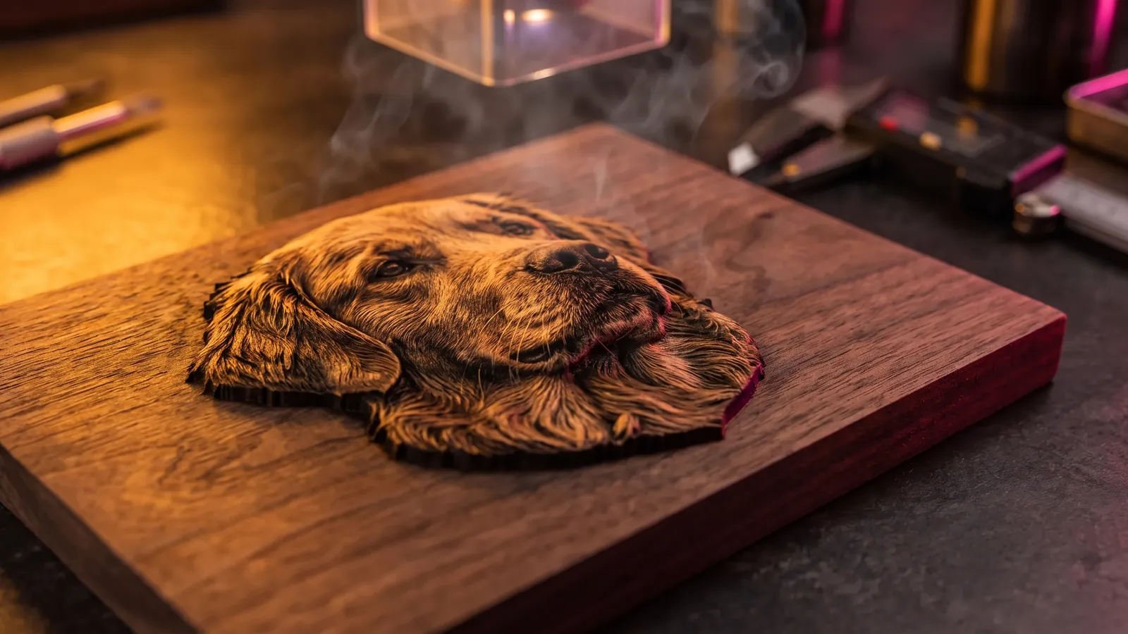 A dog's head carved as a deep 3D relief into a dark walnut board by a laser, with a thin wisp of smoke