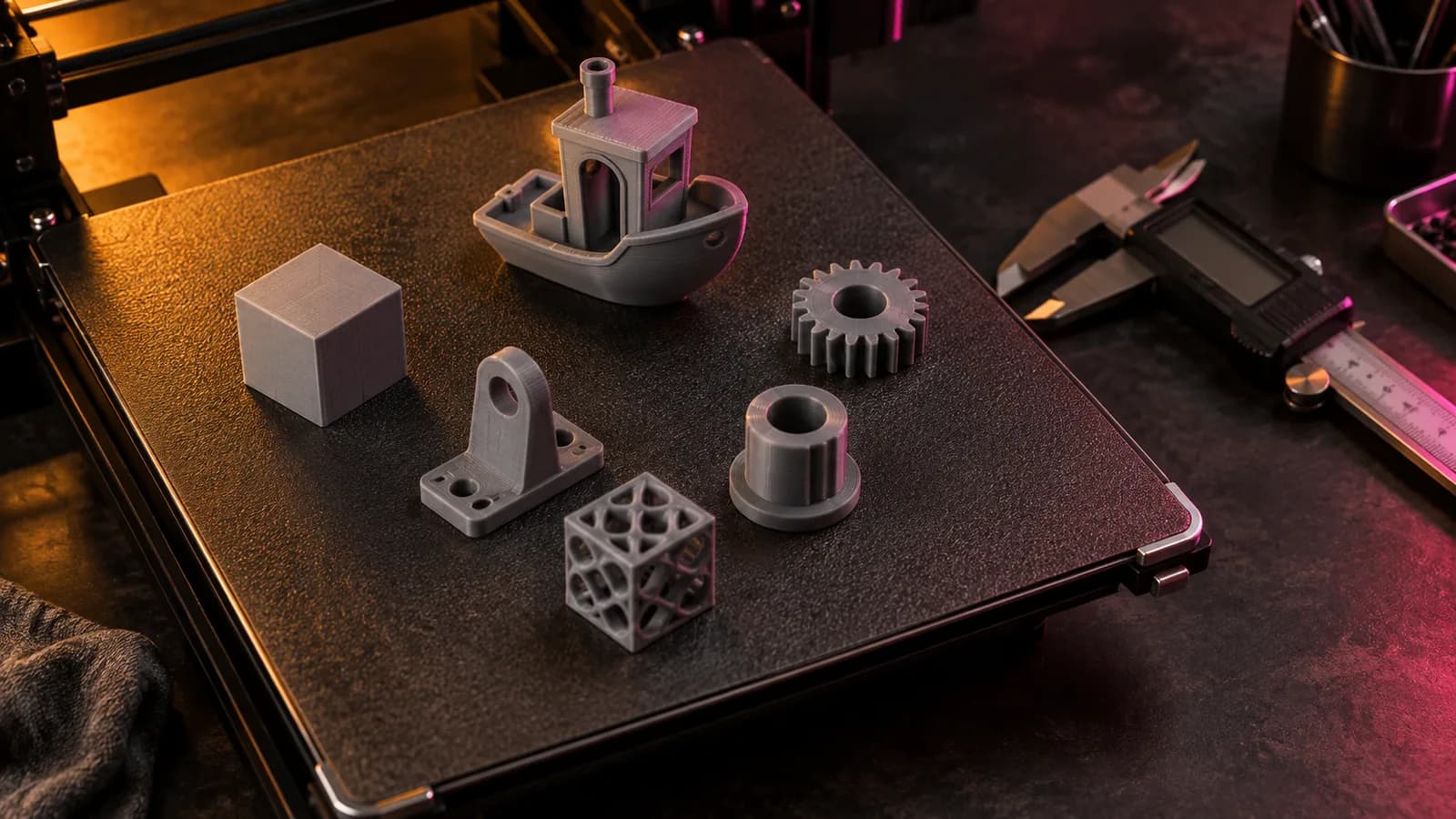 Several printed parts on a 3D printer build plate beside digital calipers