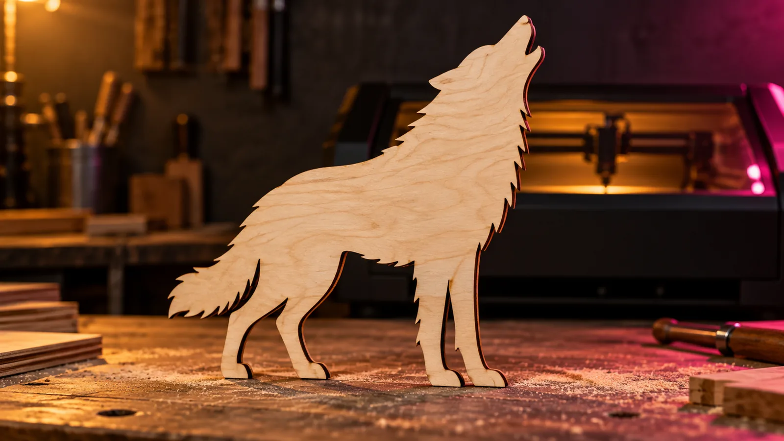 A laser-cut plywood silhouette of a howling wolf on a workbench