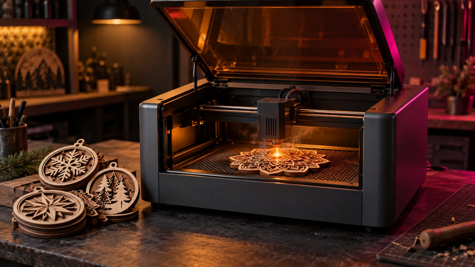 A desktop laser engraver cutting a layered wooden ornament