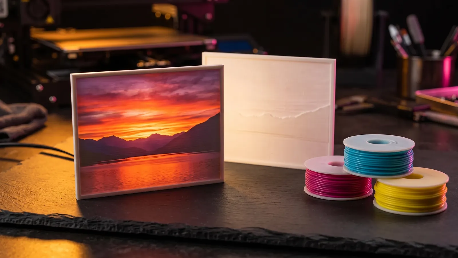 A color lithophane of a sunset over mountains and a lake beside a plain white lithophane and spools of cyan, magenta and yellow filament