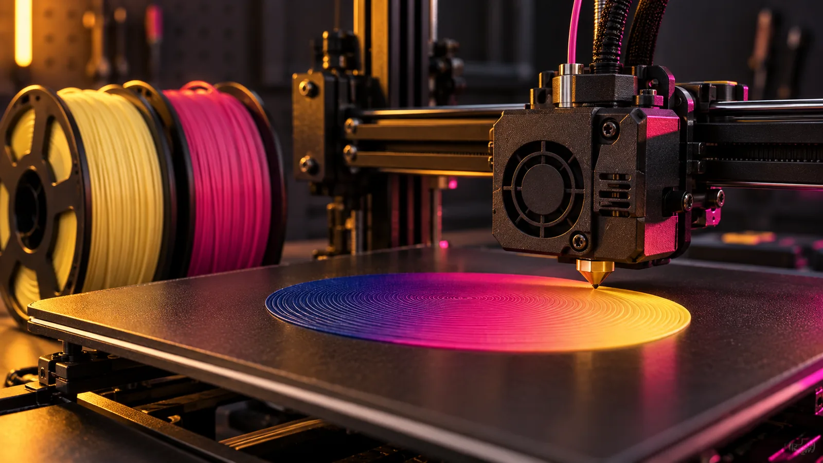 A 3D printer printing a multicolor filament painting with yellow and magenta spools beside it