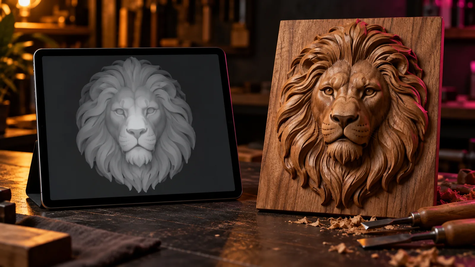 A tablet showing a grayscale lion depth map beside the carved wooden lion relief made from it