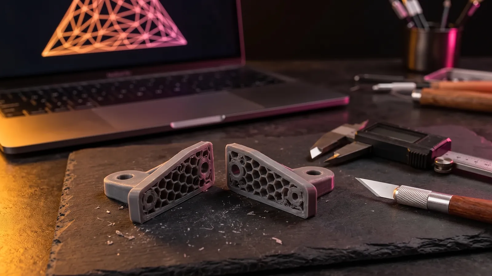 A grey 3D printed bracket cut into two halves beside calipers, a hobby knife and a laptop showing a wireframe mesh