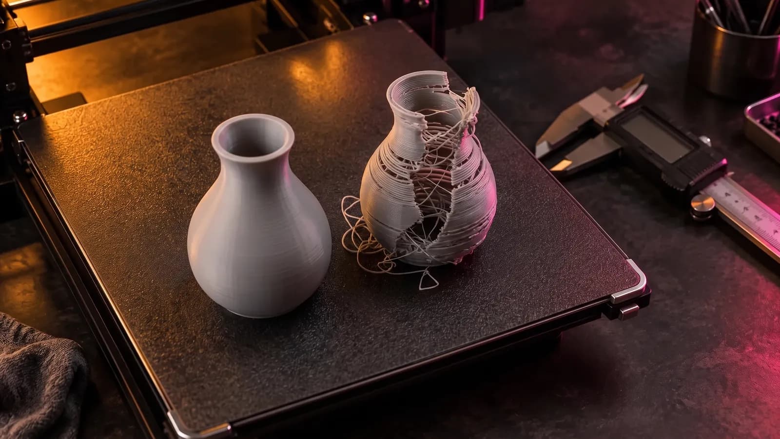 A clean grey 3D printed vase next to a failed print of the same vase with gaps and stringy spaghetti on a build plate