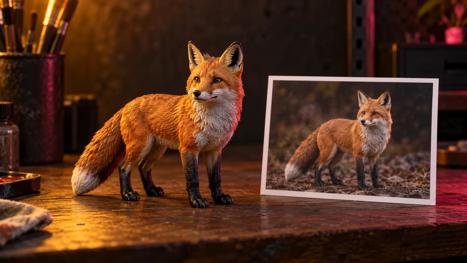 A 3D printed painted fox figurine next to a printed reference photo of the fox