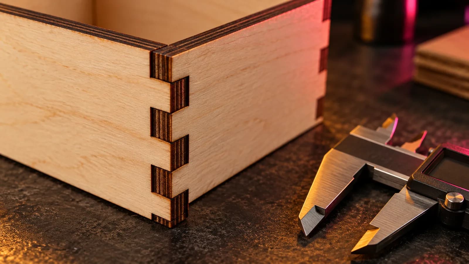 A tight laser-cut plywood finger joint with calipers beside it