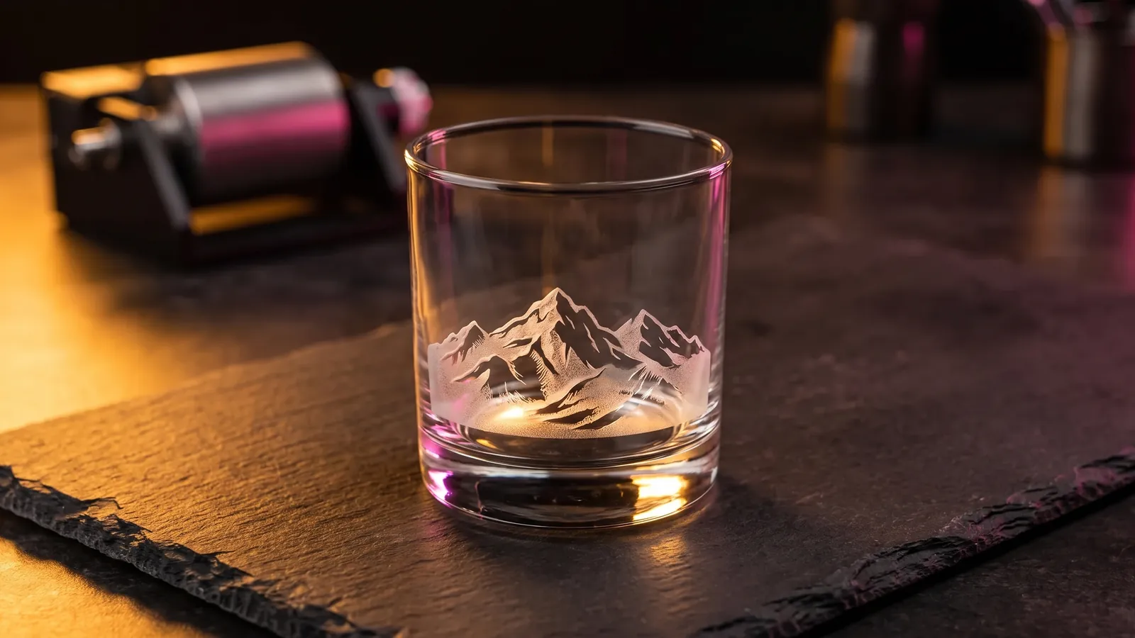 A whiskey glass with a frosted laser-engraved mountain landscape, lit from below on a slate surface