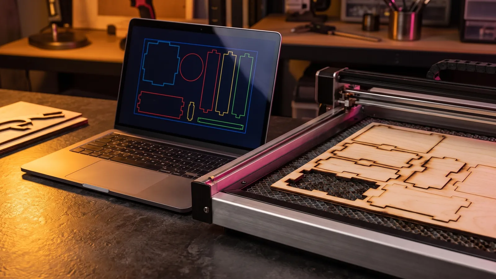 A laptop showing colored vector outlines next to a laser cutter bed with freshly cut plywood parts