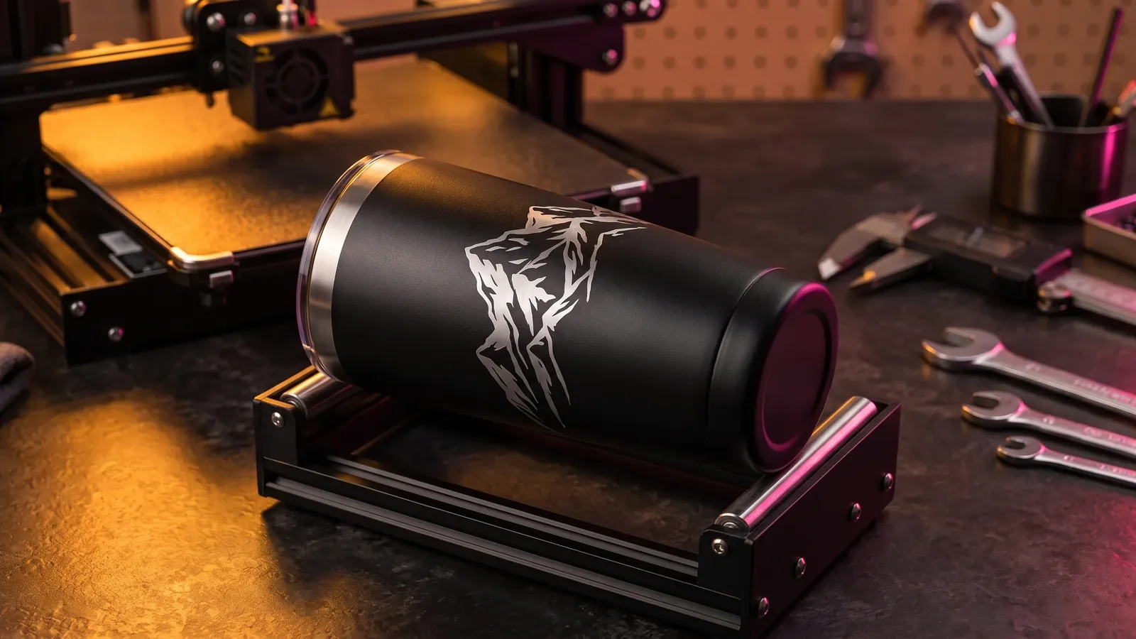 A black powder-coated tumbler with a bright engraved mountain design resting on the rollers of a laser rotary