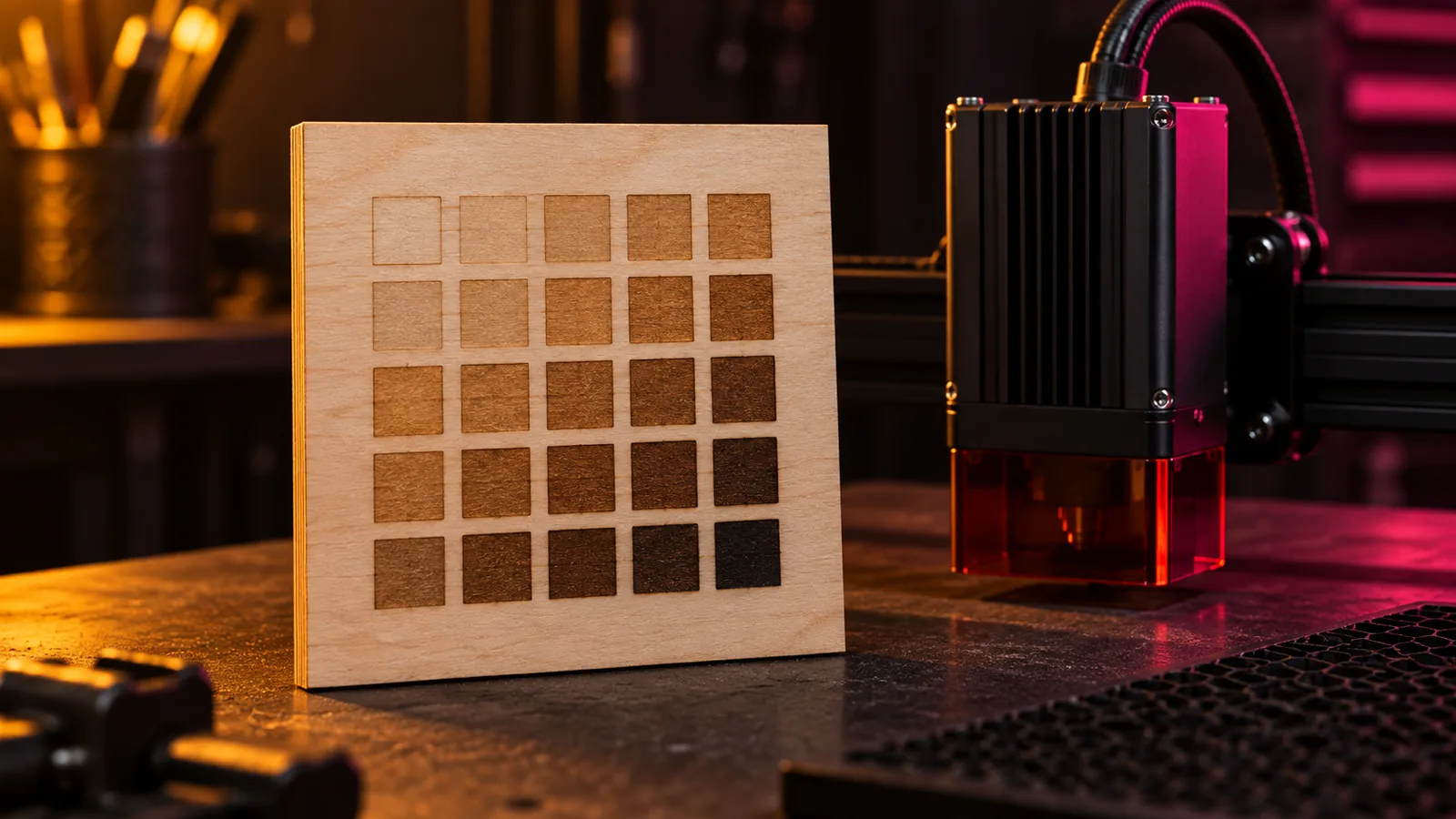 A laser-engraved power and speed test grid on birch plywood