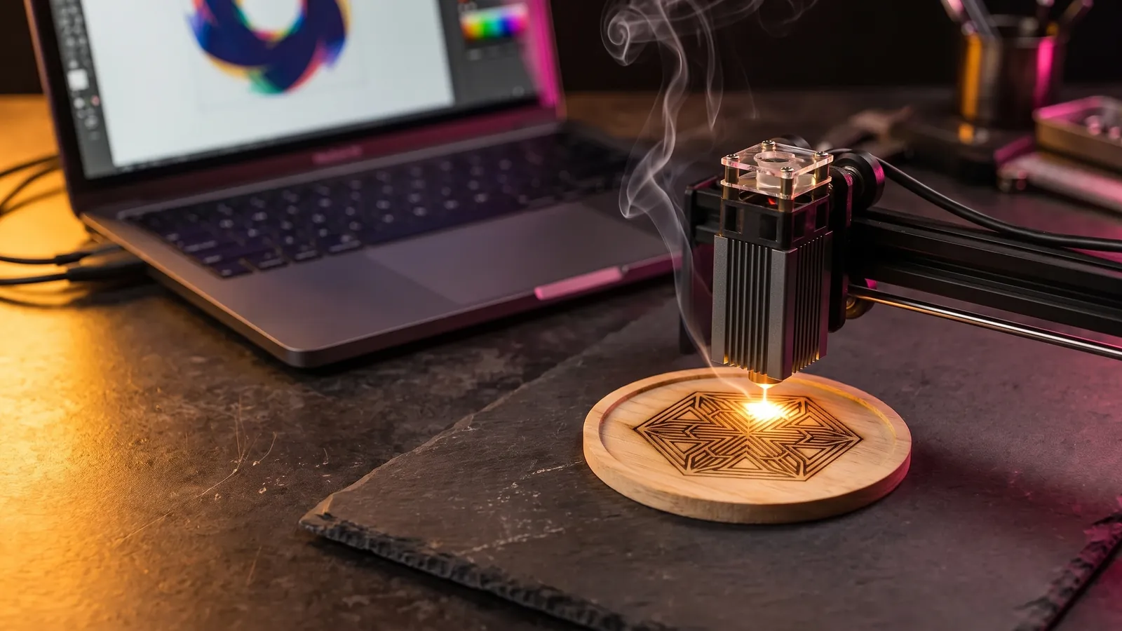 A diode laser engraving a geometric pattern into a round wooden coaster, with a laptop beside it
