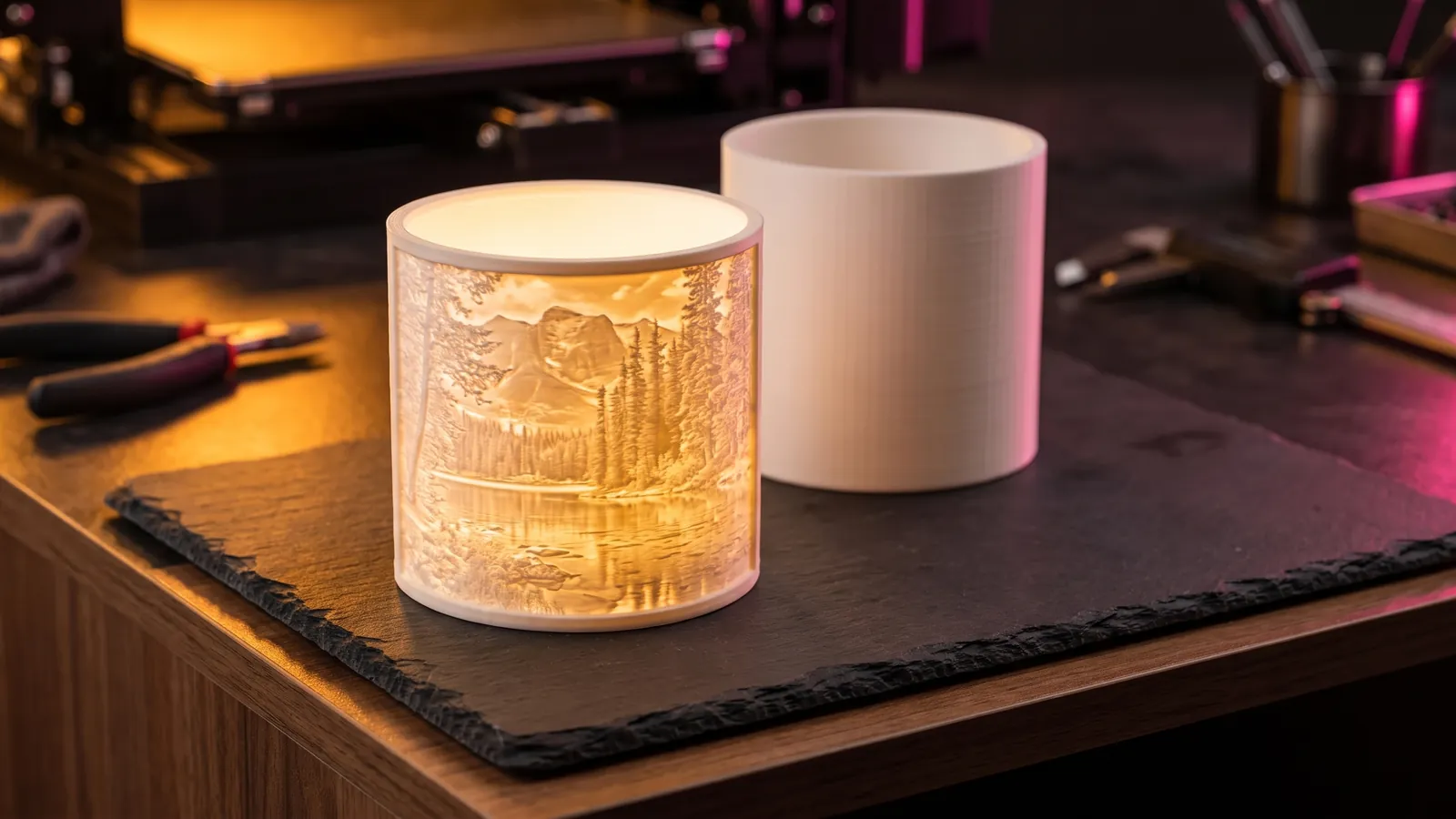 A glowing cylindrical lithophane lamp showing a forest and mountain lake, next to an unlit white cylinder on a slate board