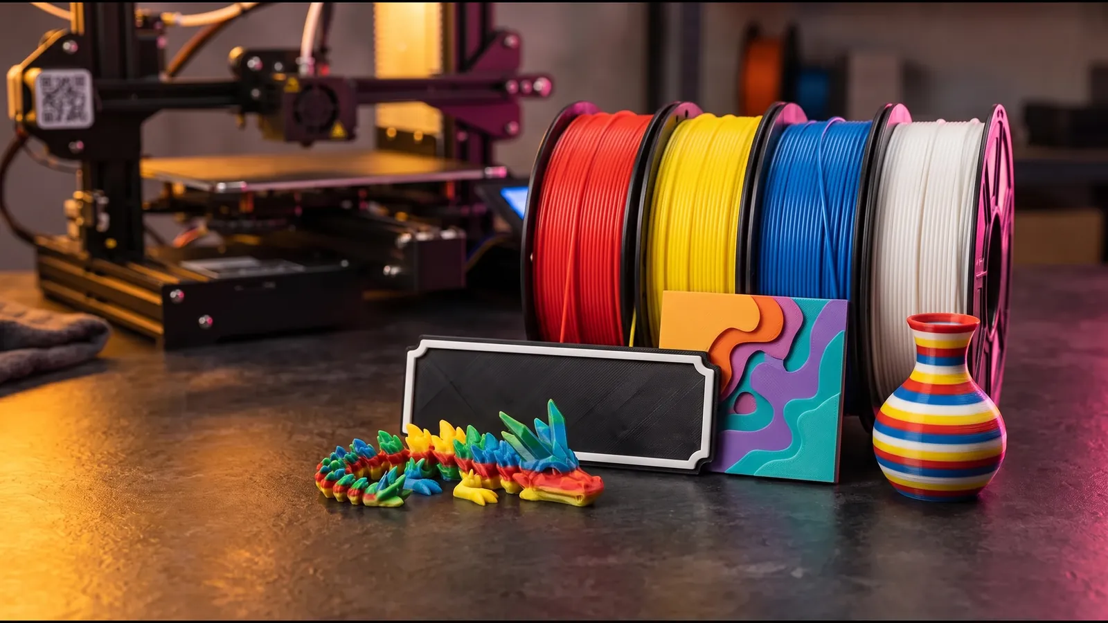 A four-colour articulated dragon, a two-colour sign plate, a layered colour relief and a striped vase in front of red, yellow, blue and white filament spools