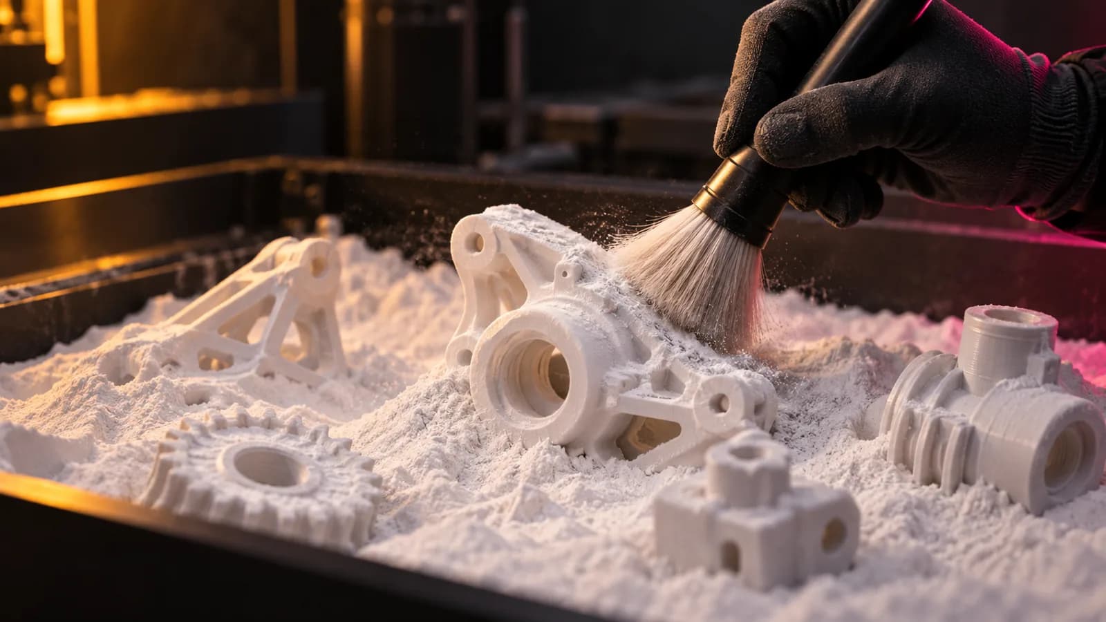 White nylon SLS parts being brushed out of powder