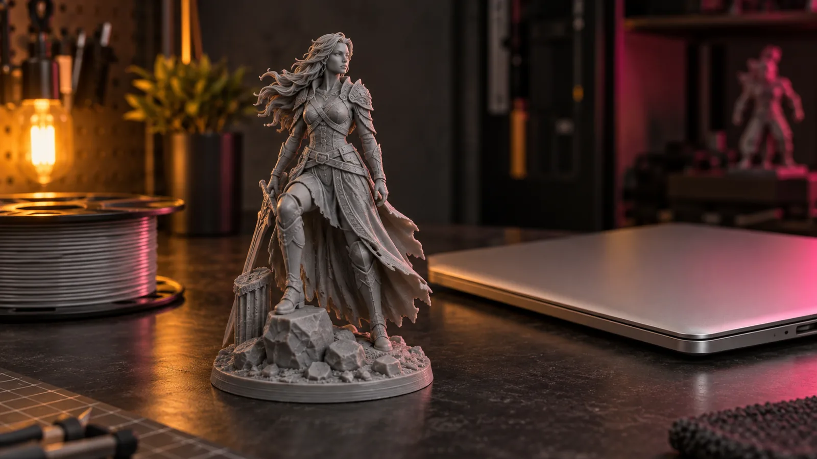 A 3D printed statue on a desk next to a laptop and a filament spool