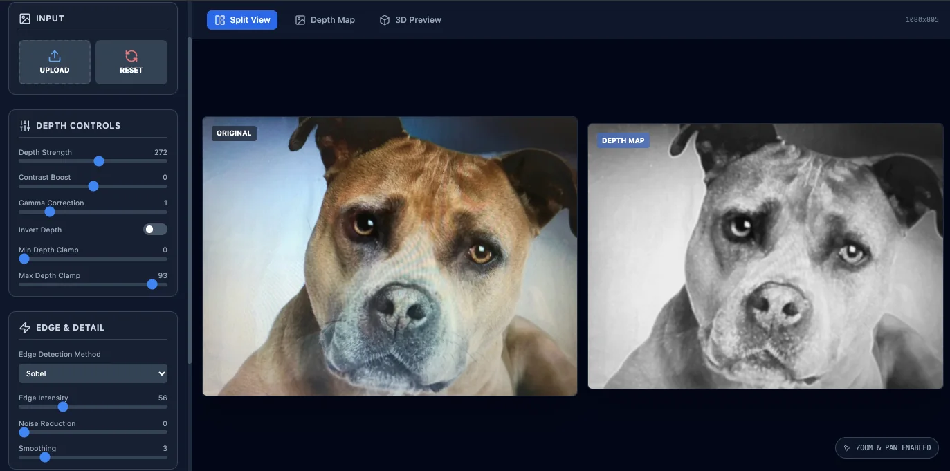 DepthGen Free Edition showing a dog photo beside its grayscale depth map