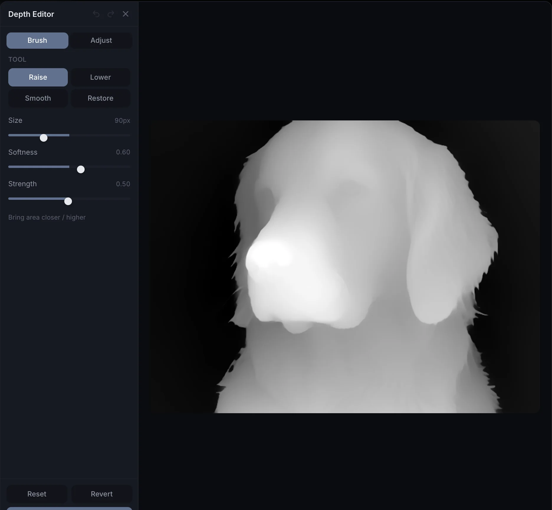 DepthGen Pro depth editor with raise, lower, smooth and restore brushes over a depth map