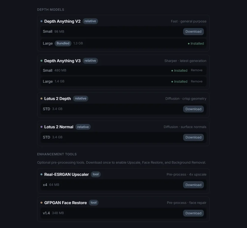 DepthGen Pro model manager listing Depth Anything V2, V3 and Lotus 2