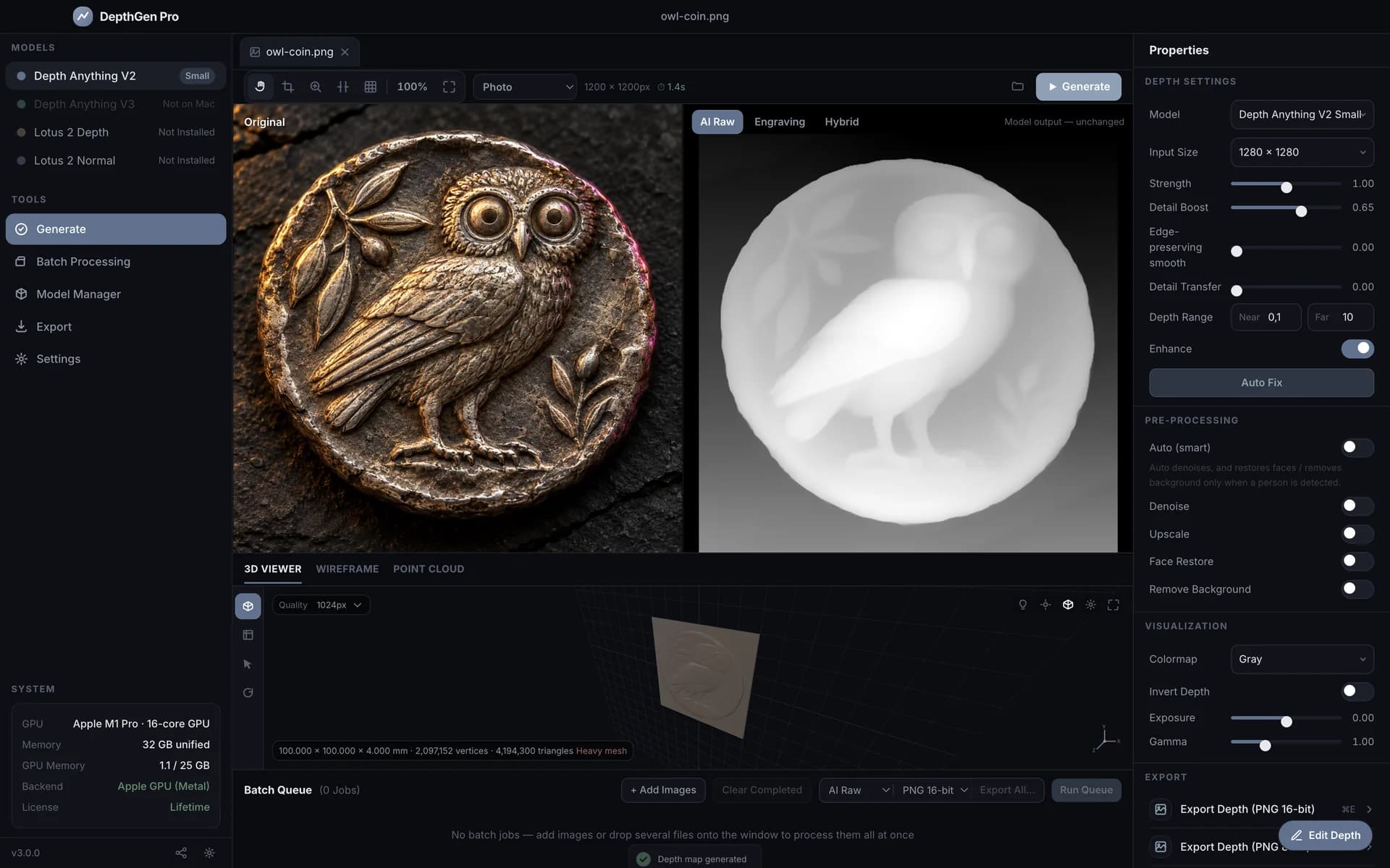 DepthGen Pro for macOS turning a photo of an owl coin into a depth map