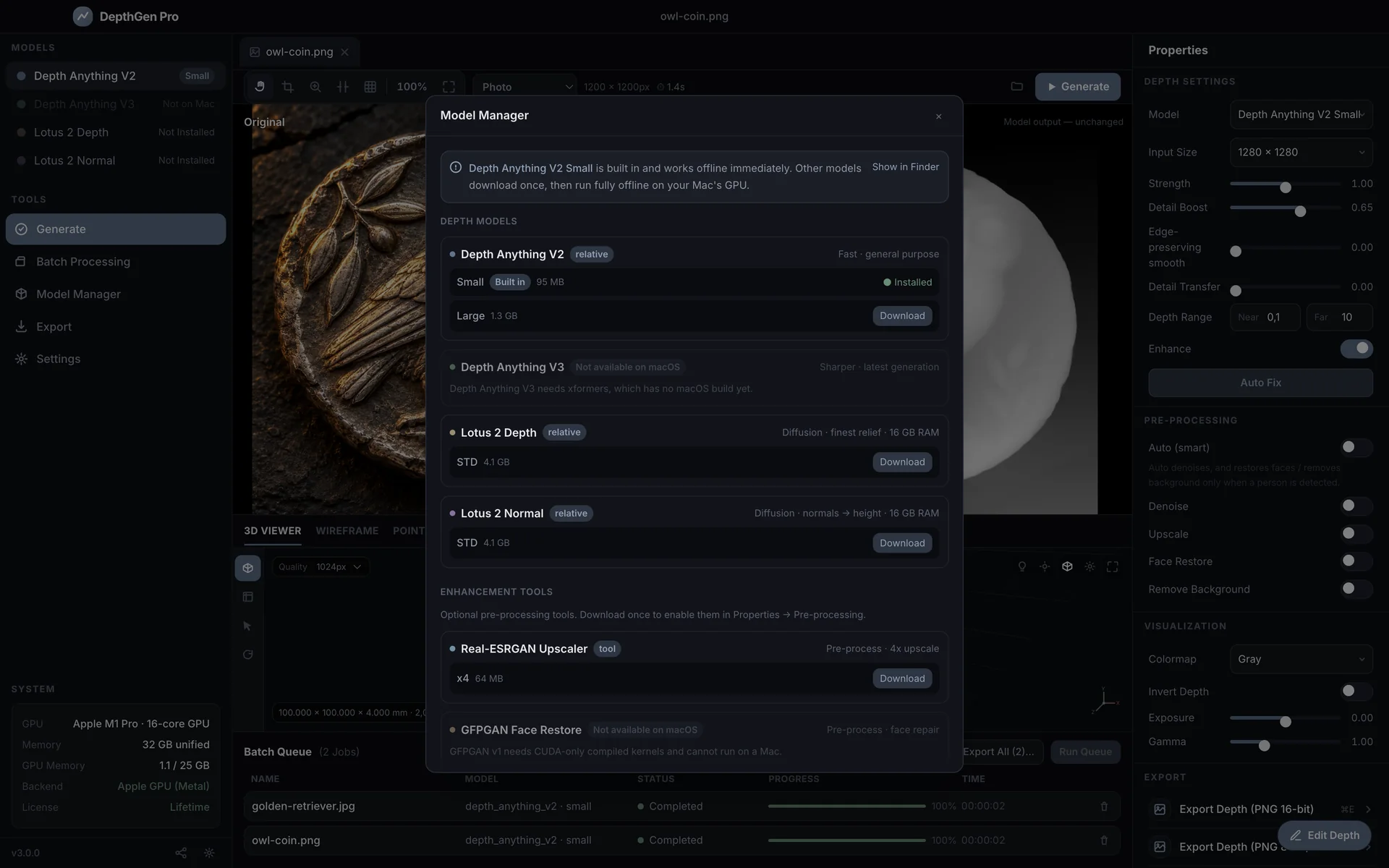 DepthGen Pro for macOS model manager showing which models run on Apple Silicon