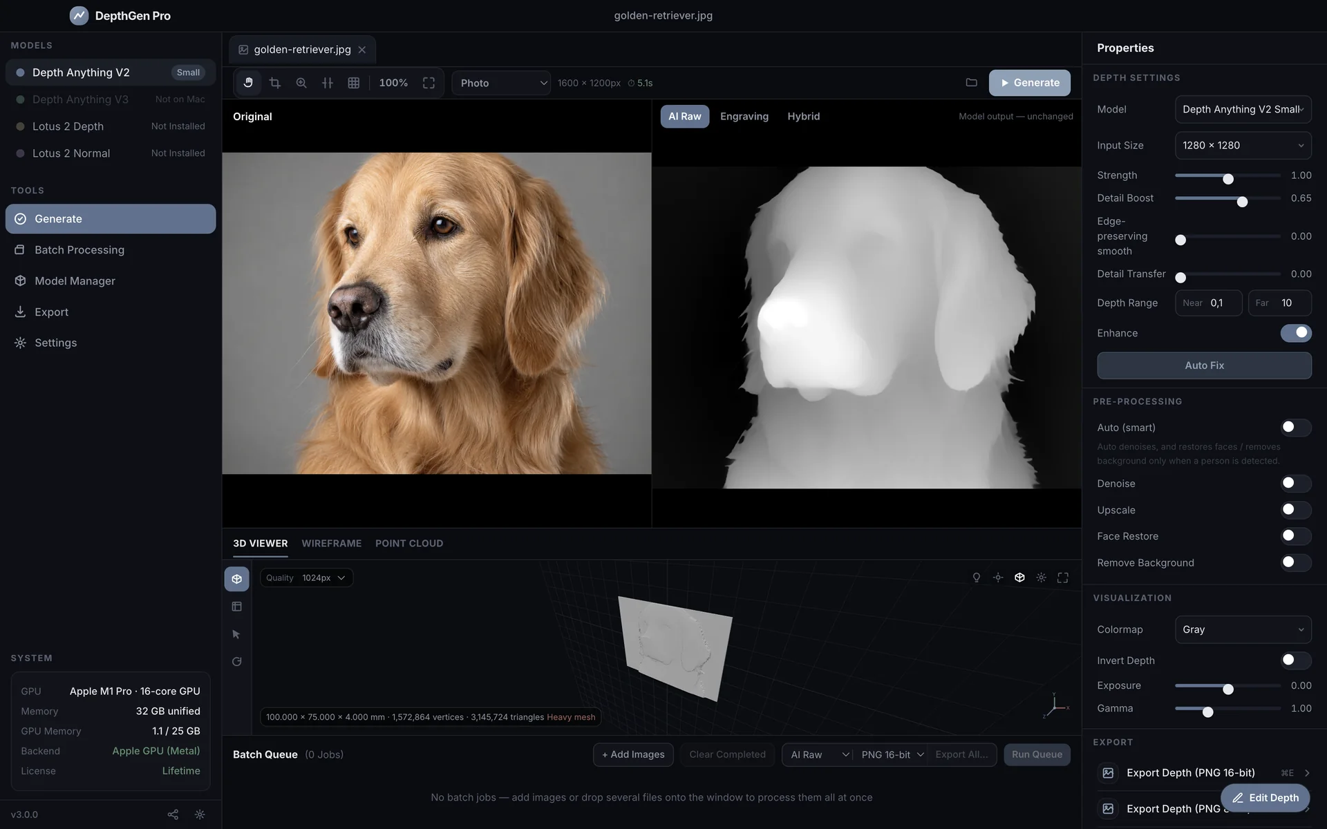 DepthGen Pro for macOS generating a depth map of a golden retriever on an Apple M1 Pro GPU