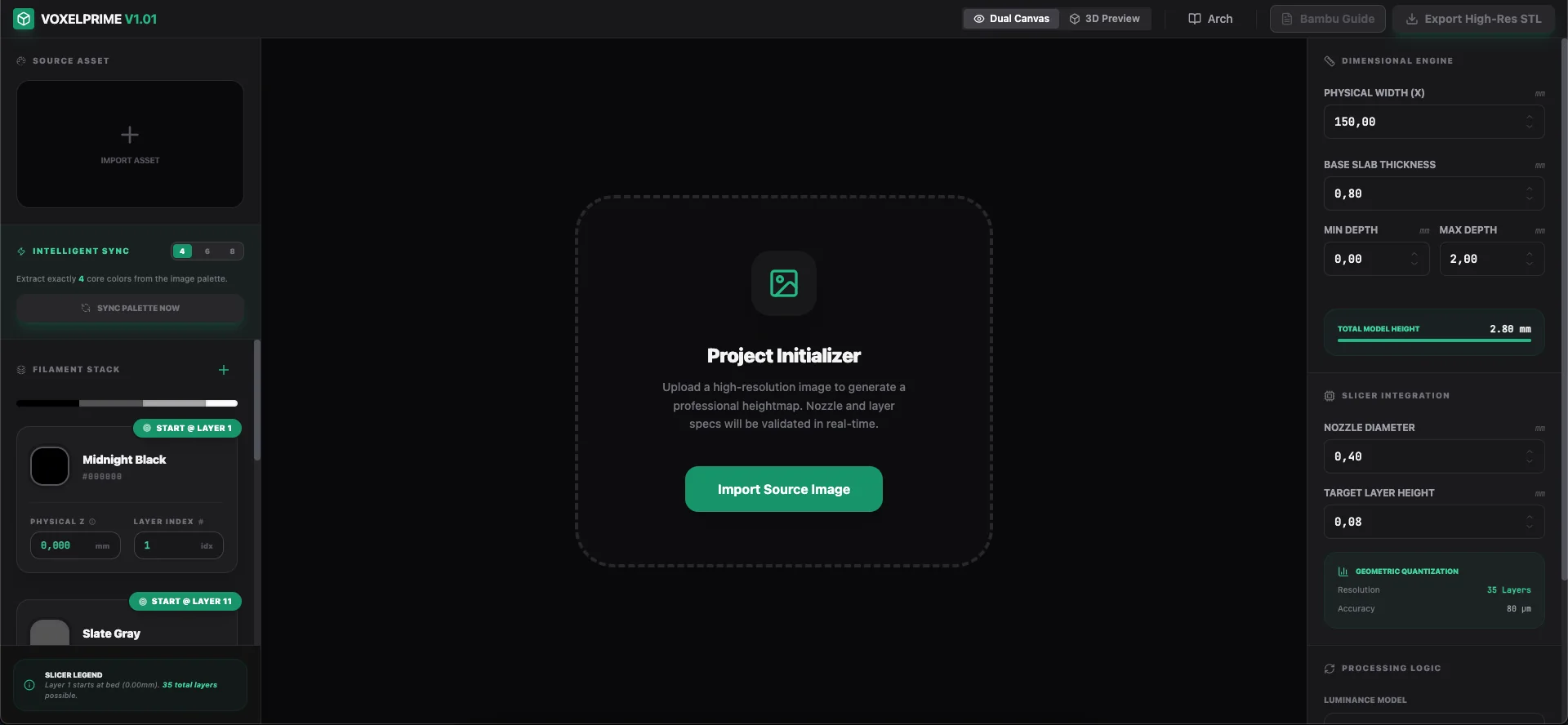 VoxelPrime project screen with physical size, slab thickness, depth and nozzle settings