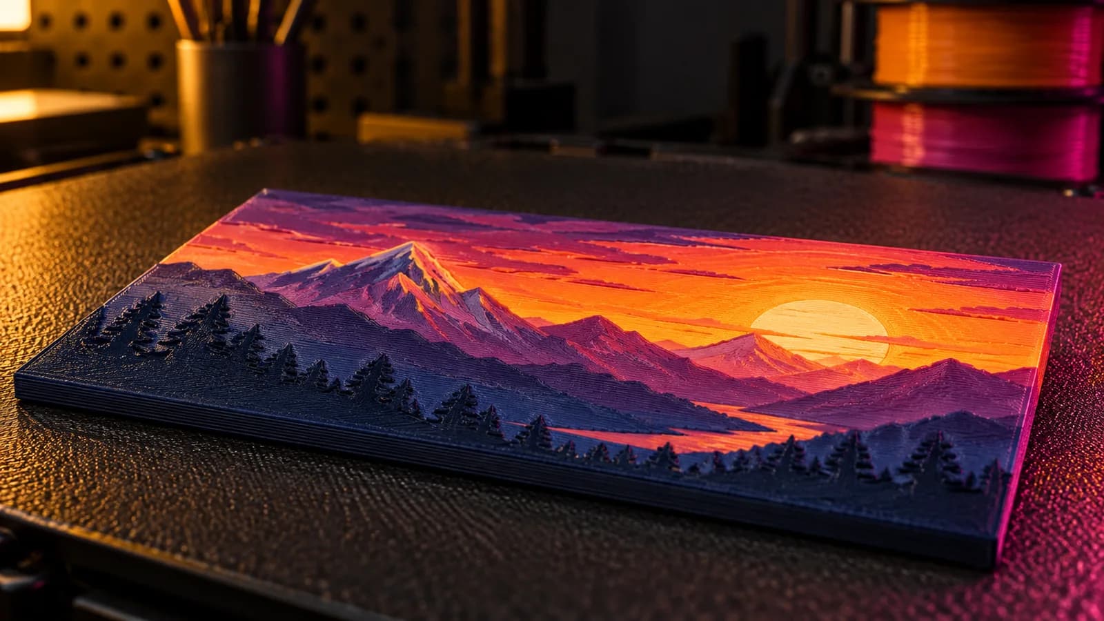 Illustration of a HueForge-style multicolor 3D print of a mountain sunset, the kind of color relief VoxelPrime plans
