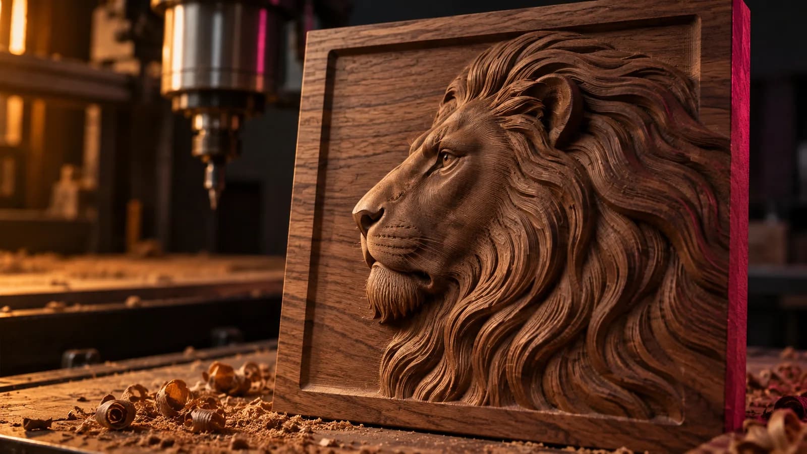 A CNC-carved walnut relief of a lion's head with fine toolpath texture