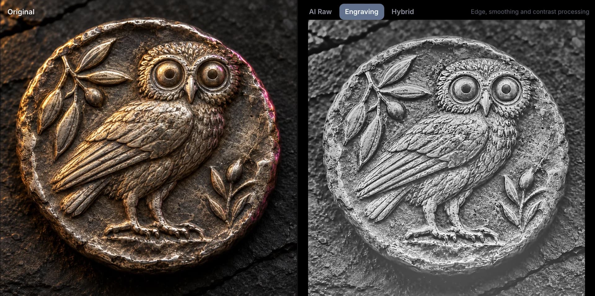 An owl coin photo beside a detailed relief depth map made from it