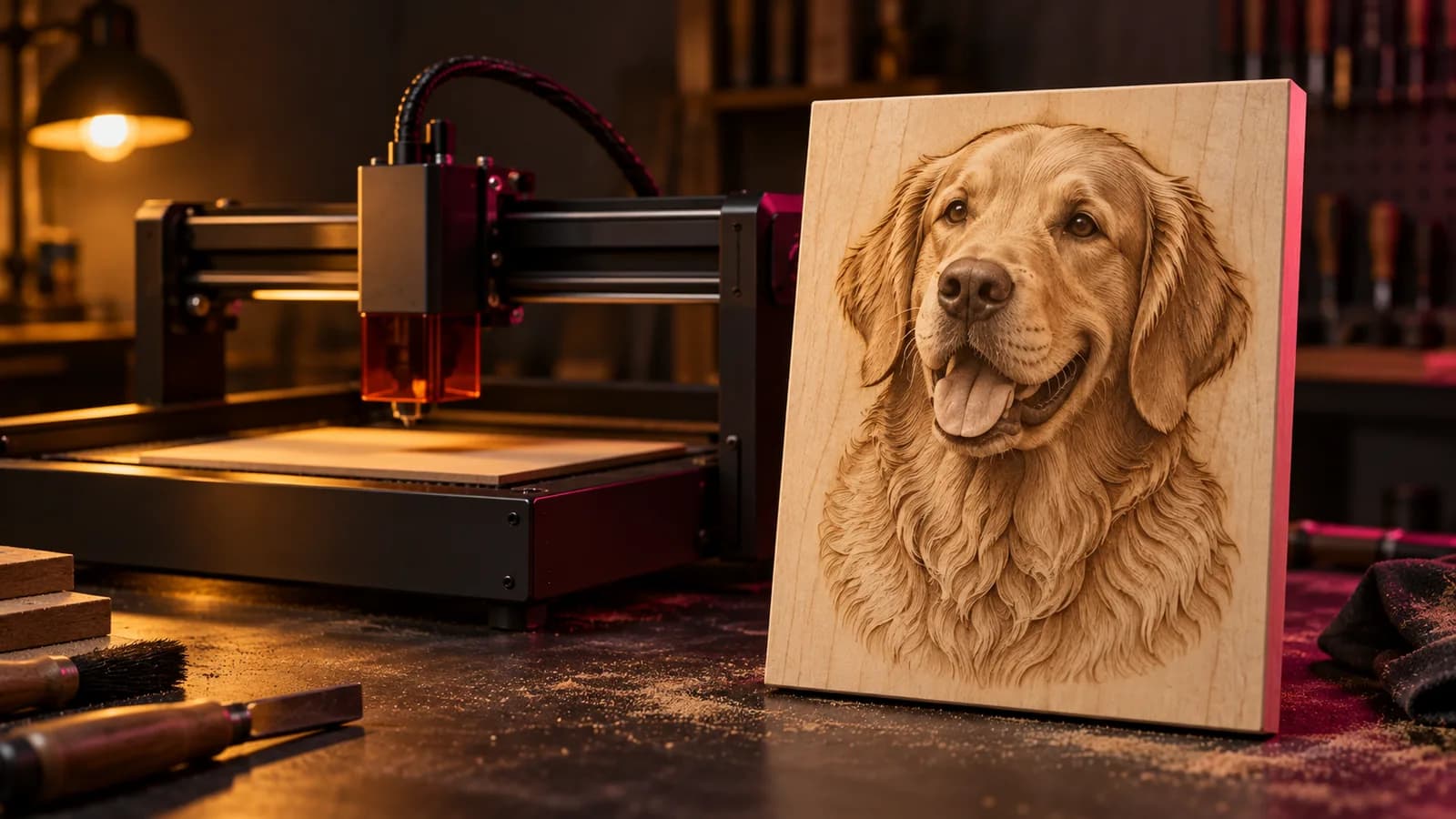 Illustration: a maple plaque with a golden retriever engraved in relief, beside a desktop laser engraver