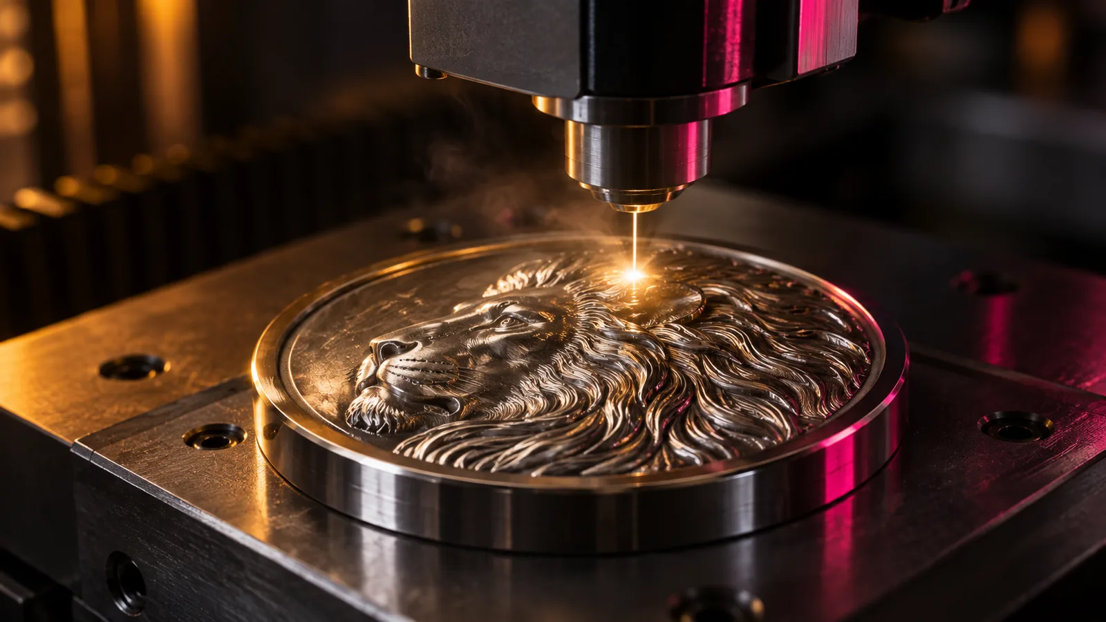 A fiber laser engraving a 3D relief medallion into stainless steel