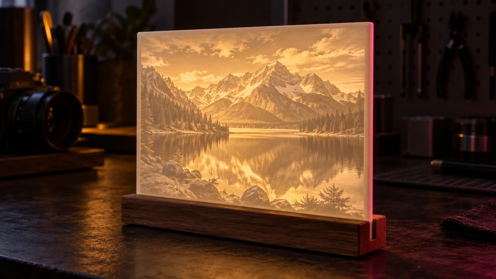 A backlit white lithophane of a mountain lake glowing on a desk