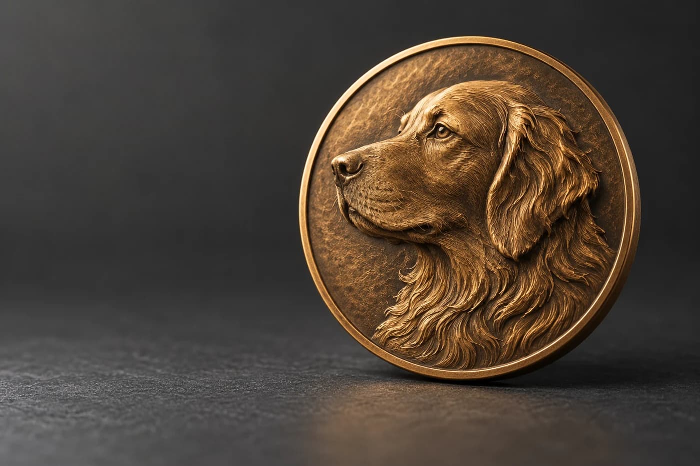 Concept illustration of a bronze dog relief coin with a raised rim