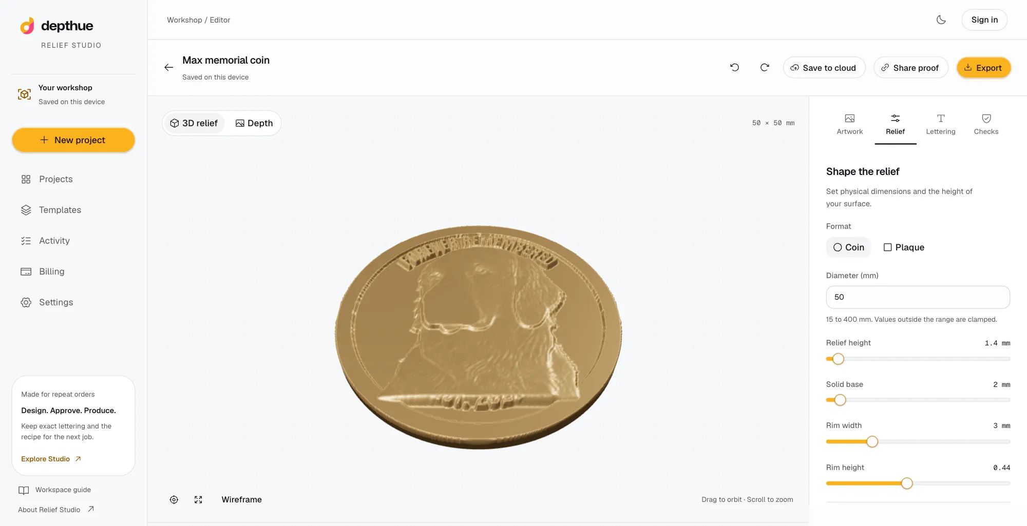 Relief Studio editor showing a 50 mm dog relief coin with curved rim lettering in 3D