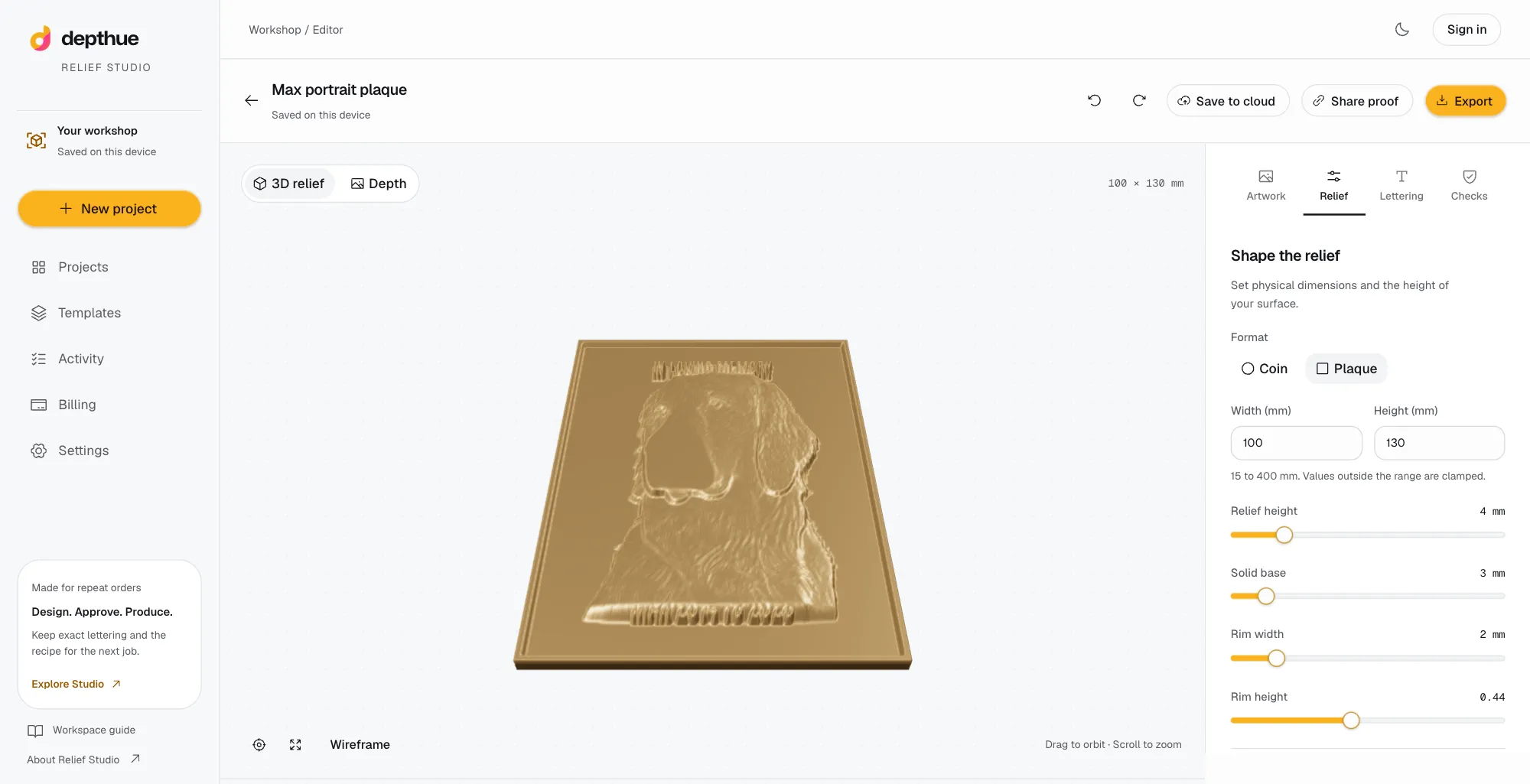Relief Studio editor showing a 100 by 130 mm portrait relief plaque in 3D