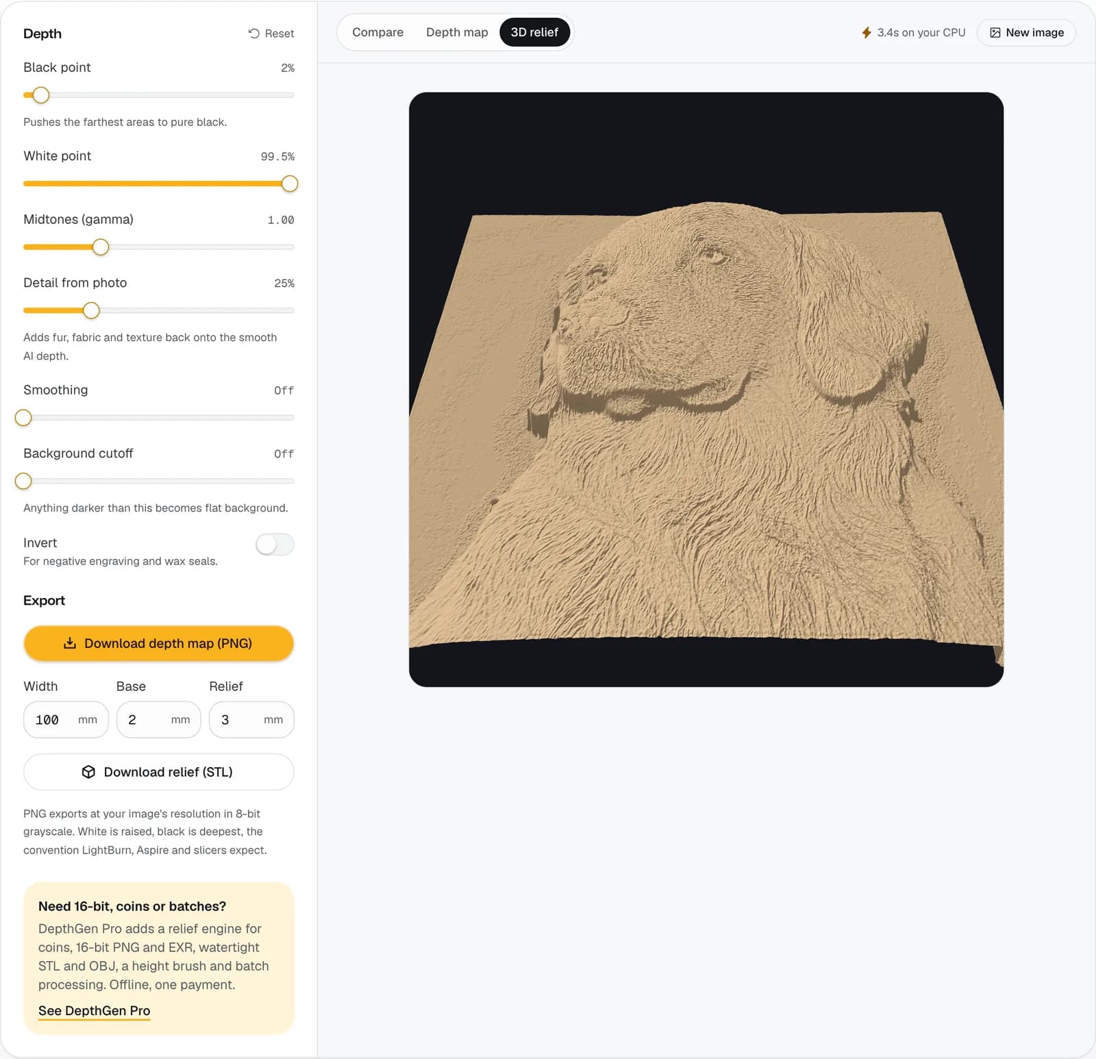 The free depth map generator showing a 3D relief made from a dog photo