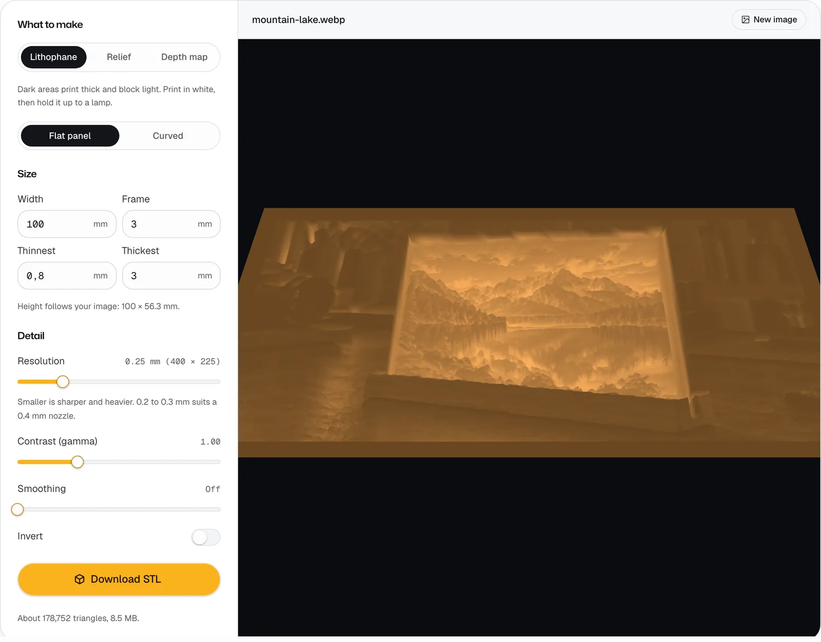 Lithophane & Relief Maker with a sample loaded