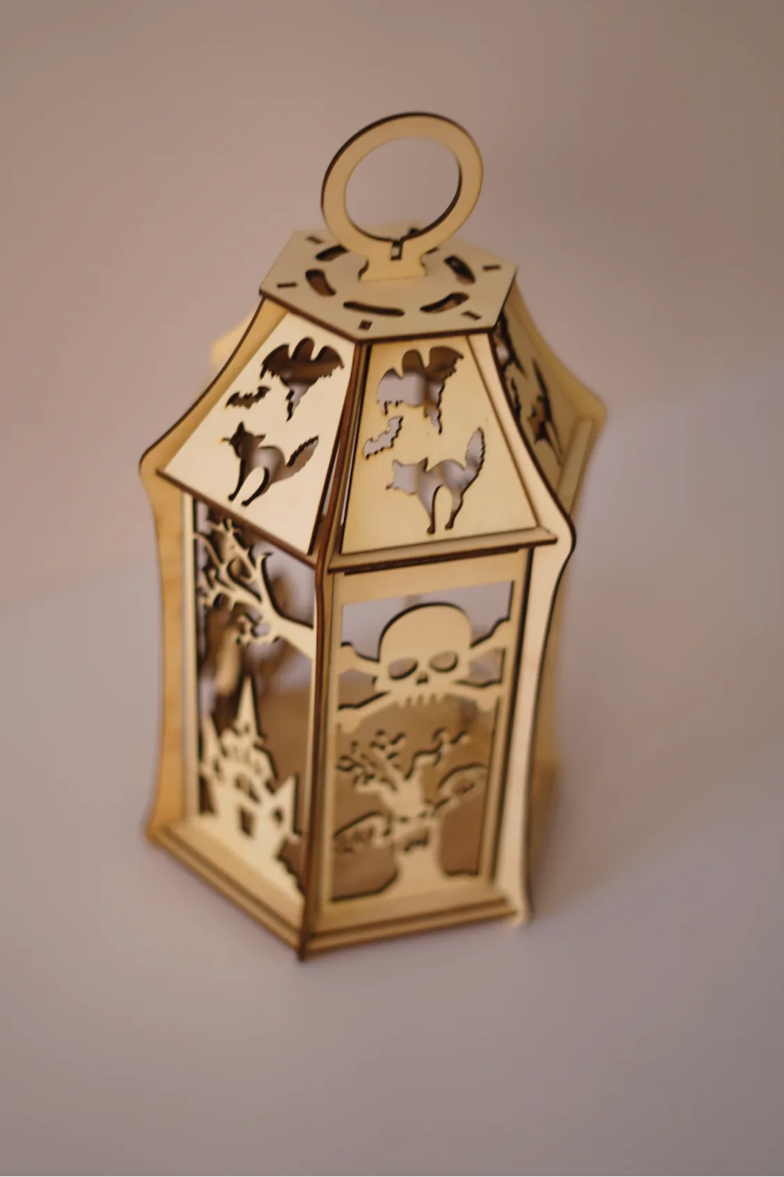 The assembled lantern from another side, with a skull, a haunted house and bats cut into the panels